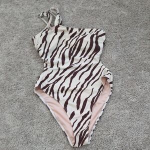 One-Shoulder Zebra Stripe One-Piece Swimsuit - Brown & Cream